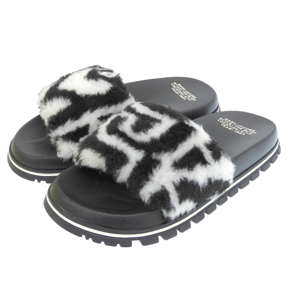マーク ジェイコブス 未使用 THE MONOGRAM TEDDY SLIDE サンダル レディース ブラック×アイボリー 36 36