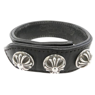 CHROME HEARTS クロムハーツ(原本無) ブレスレット 3BTN 2SNP クロスボール 3ボタン2スナップ レザーブレスレット ブラック系 シルバー系【中古】