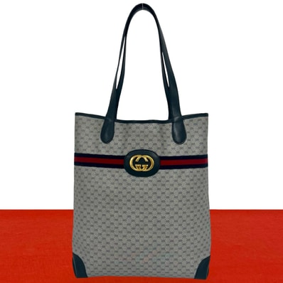 GUCCI グッチ シェリーライン GG ロゴ 金具 PVC レザー トートバッグ ネイビー
77572