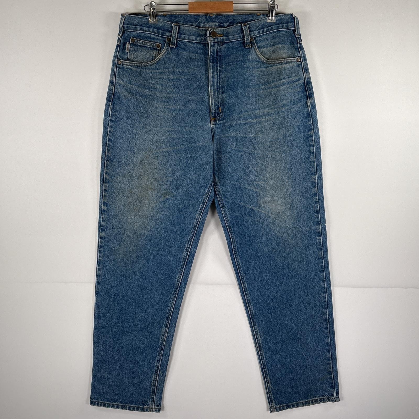 古着 カーハート Carhartt デニムパンツ ワーク 5ポケット ヒゲ 大きいサイズ テーパード ワンポイントロゴ  ブルー メンズ