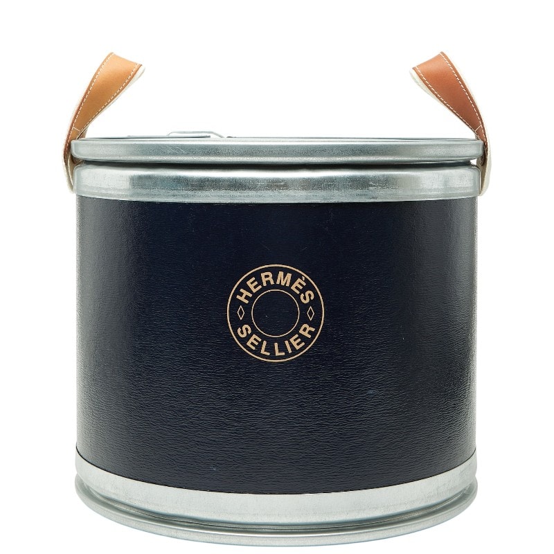 エルメス サドルボックス 馬具缶 収納BOX ネイビー シルバー レザー メタル リサイクル段ボール レディース HERMES 【中古】