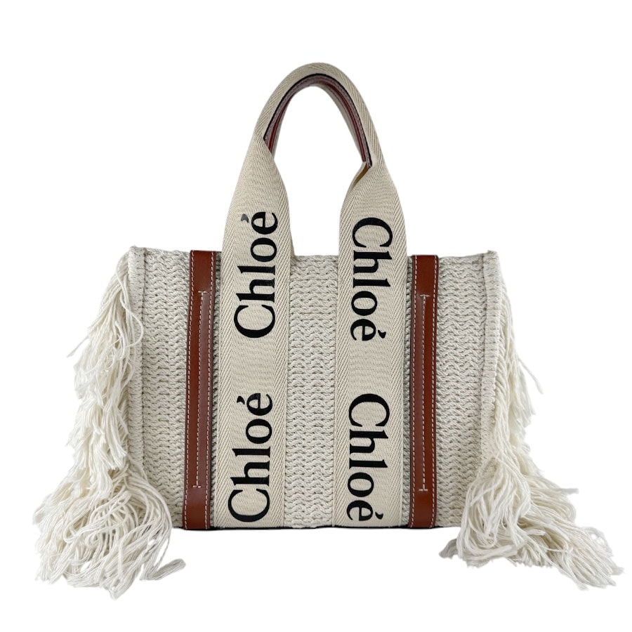 クロエ Chloe ハンドバッグ ショルダーバッグ Woody スモール コットン/レザー アイボリー/ブラウン レディース【中古】 z9694