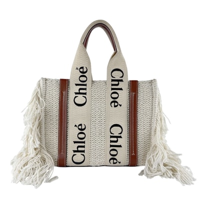 クロエ Chloe ハンドバッグ ショルダーバッグ Woody スモール コットン/レザー アイボリー/ブラウン レディース【中古】 z9694