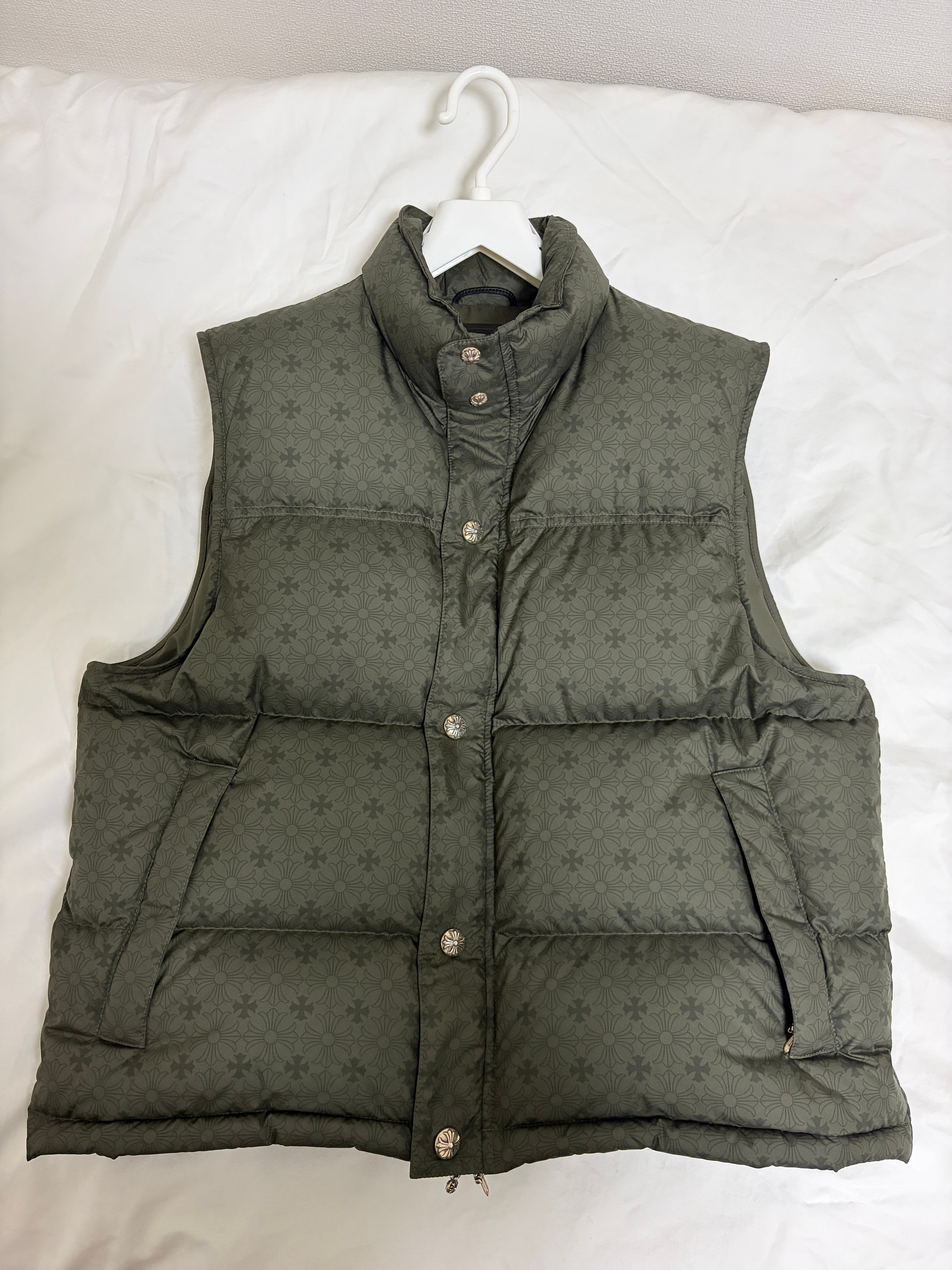 Chrome Hearts Stiff CH Plus All Over Pattern Crossball Button Nylon Down Vest "Khaki"
