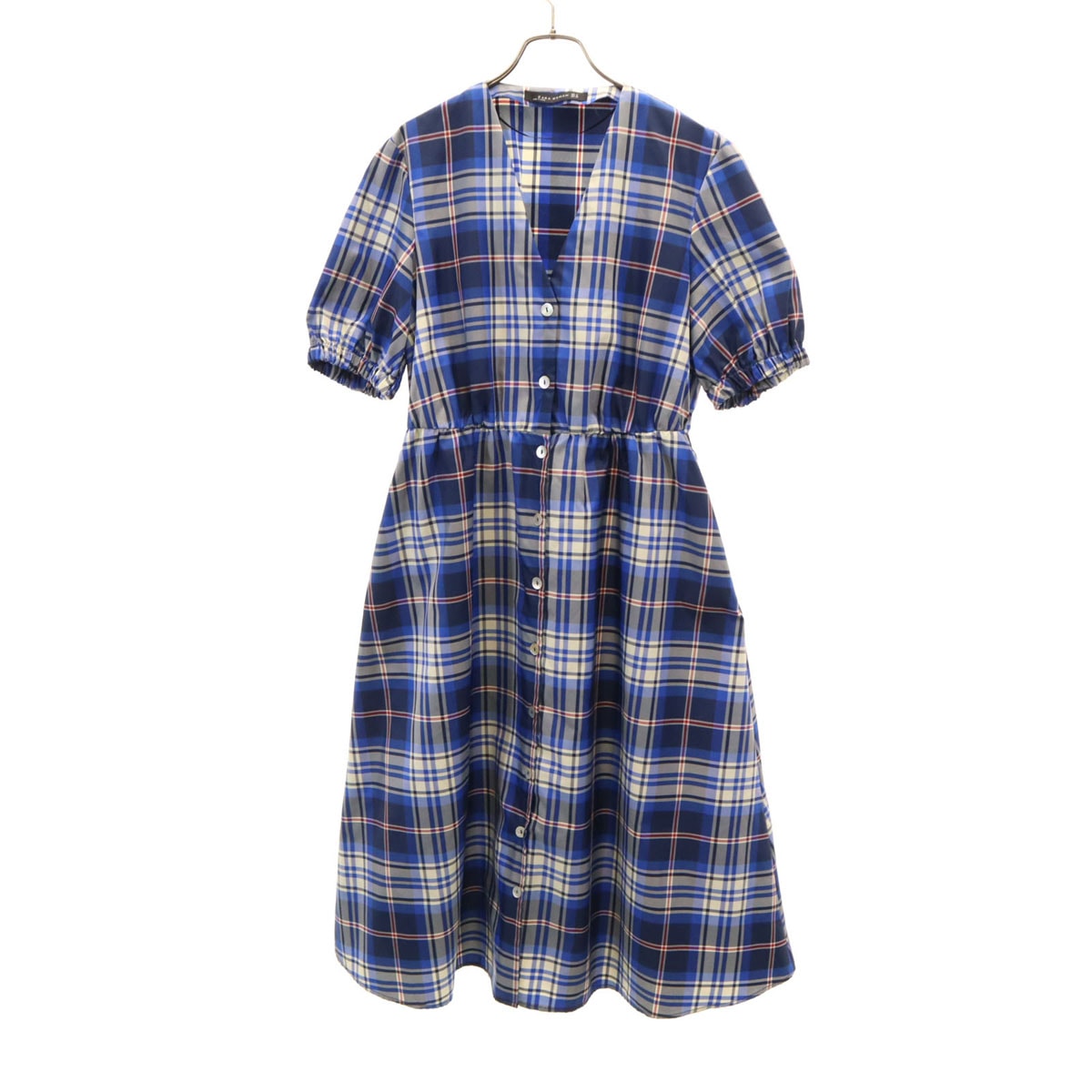 ZARA WOMAN ザラウーマン チェック柄 半袖 シャツワンピース M ブルー系