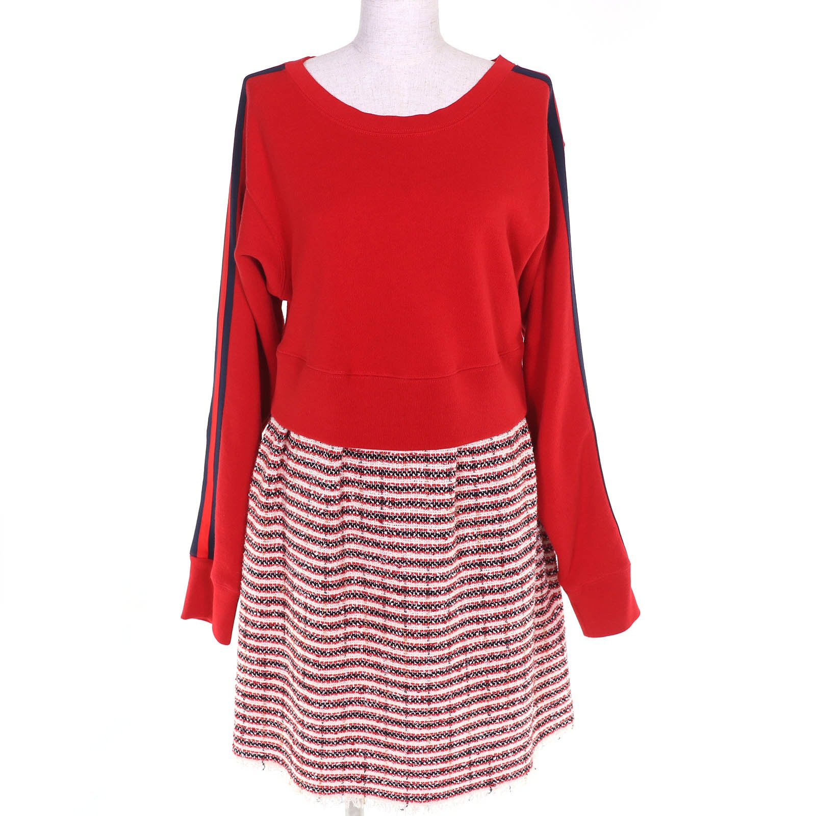 極美 グッチ シェリーライン ツイード ドッキング ワンピース S 502126