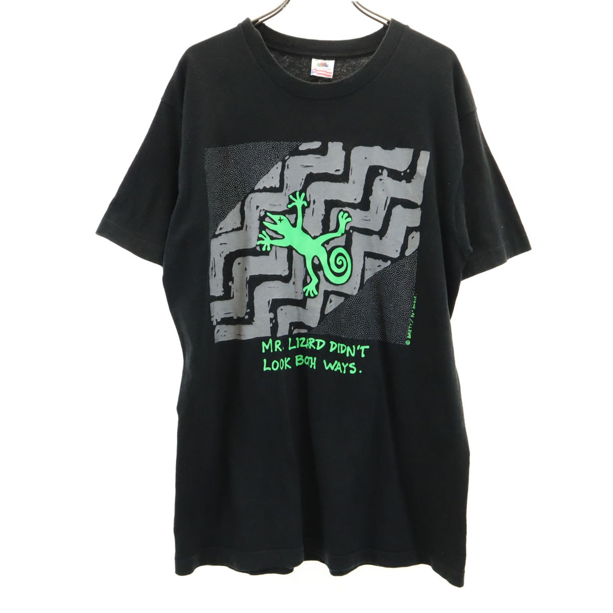 FRUIT OF THE LOOM フルーツオブザルーム 90s USA製 オールド リザード プリント 半袖 Tシャツ M ブラック シングルステッチ トカゲ 爬虫類