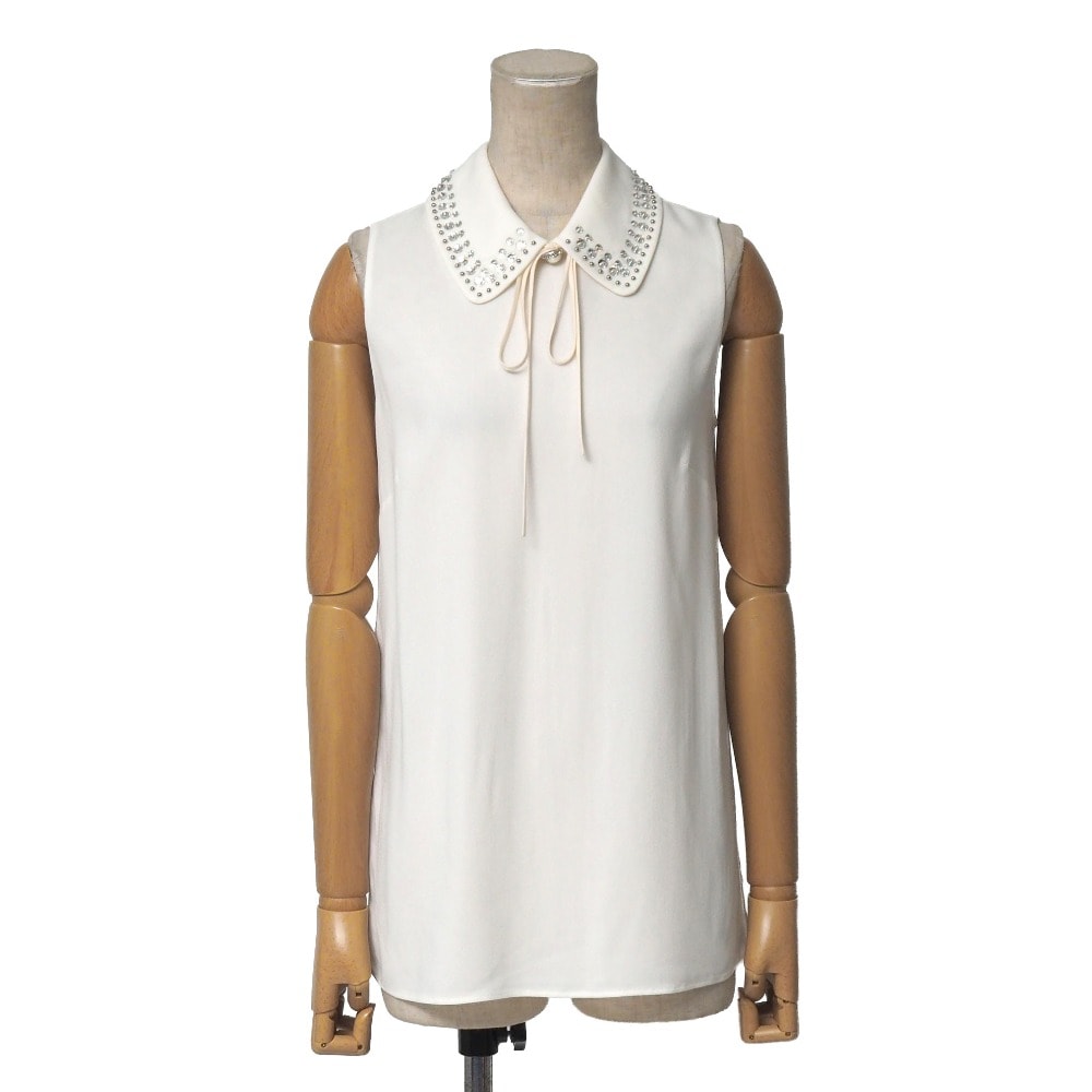 MIUMIU ミュウミュウ ブラウス サイズ36 リボン ラインストーン スタッズ装飾 ノースリーブシャツ イタリア製 ブランド古着【中古】20260429/RA9150