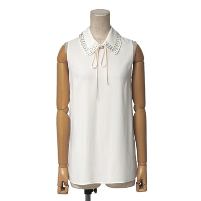 MIUMIU ミュウミュウ ブラウス サイズ36 リボン ラインストーン スタッズ装飾 ノースリーブシャツ イタリア製 ブランド古着【中古】20260429/RA9150