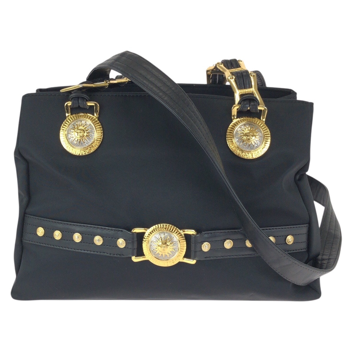 美品 VERSACE ヴェルサーチ ヴィンテージ サンバースト ブラック 黒 ゴールド金具 ナイロン レザー/ ショルダーバッグ トートバッグ 601359 【中古】