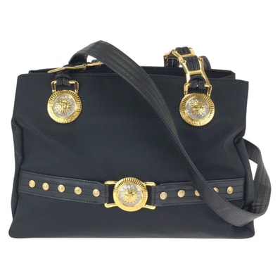 美品 VERSACE ヴェルサーチ ヴィンテージ サンバースト ブラック 黒 ゴールド金具 ナイロン レザー/ ショルダーバッグ トートバッグ 601359 【中古】