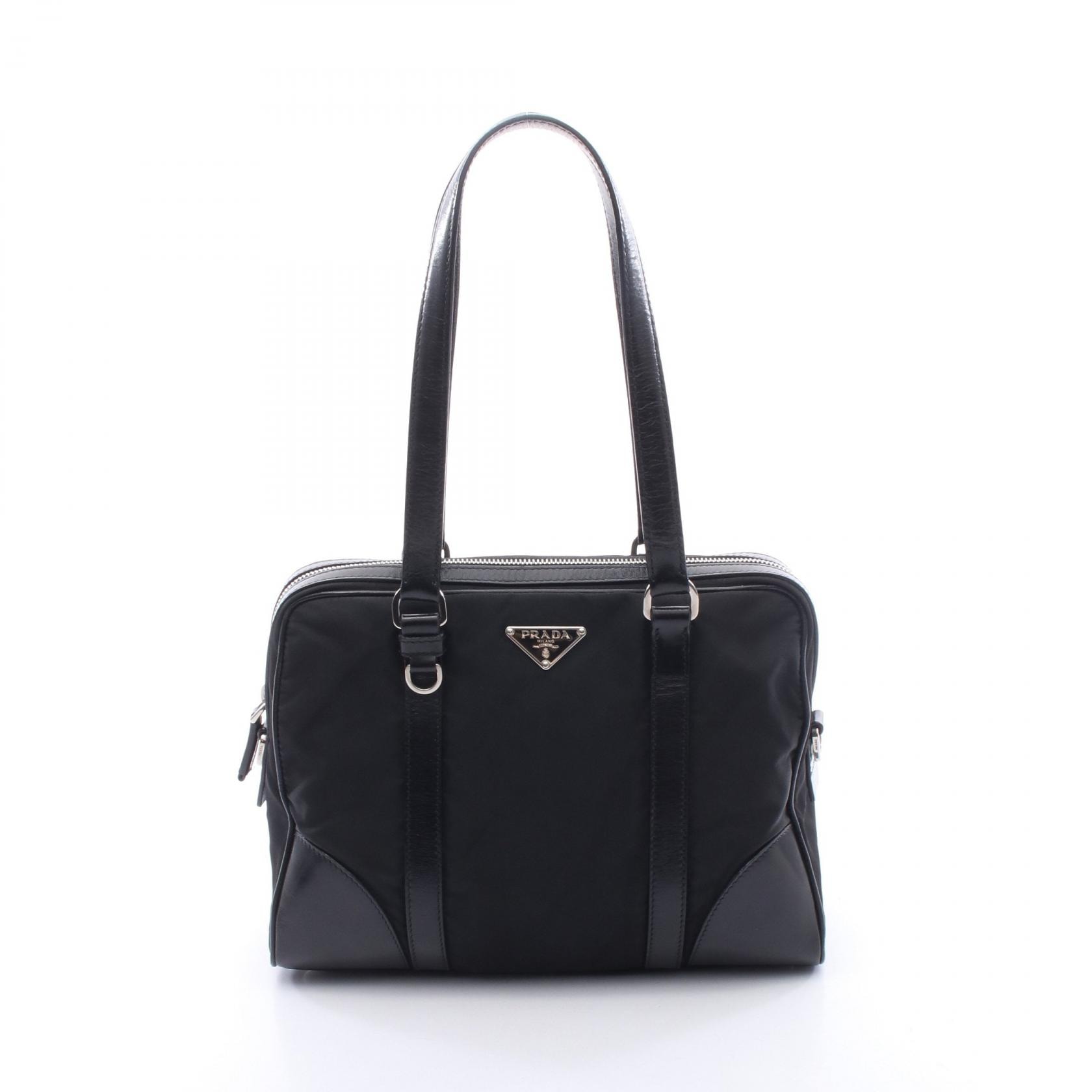 プラダ PRADA トライアングルロゴ トートバッグ バッグ ナイロン レザー レディース ブラック系 【中古】