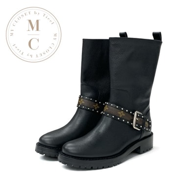 ルイヴィトン LOUIS VUITTON モノグラム ブーツ ショートブーツ 靴 シューズ レザー ブラック ブラウン ロゴ ベルト スタッズ アンクルブーツ