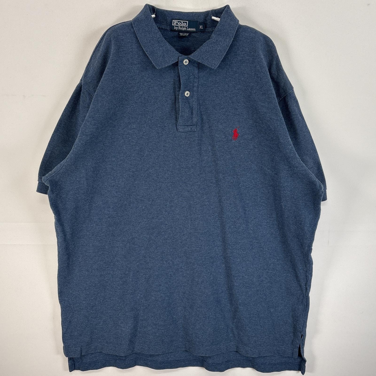 古着 90's/90年代 ポロバイラルフローレン Polo by Ralph Lauren 鹿の子 半袖 ポロシャツ ワンポイント ロゴ 刺繍 大きいサイズ 2ボタン XL  ブルー系 無地 メンズ