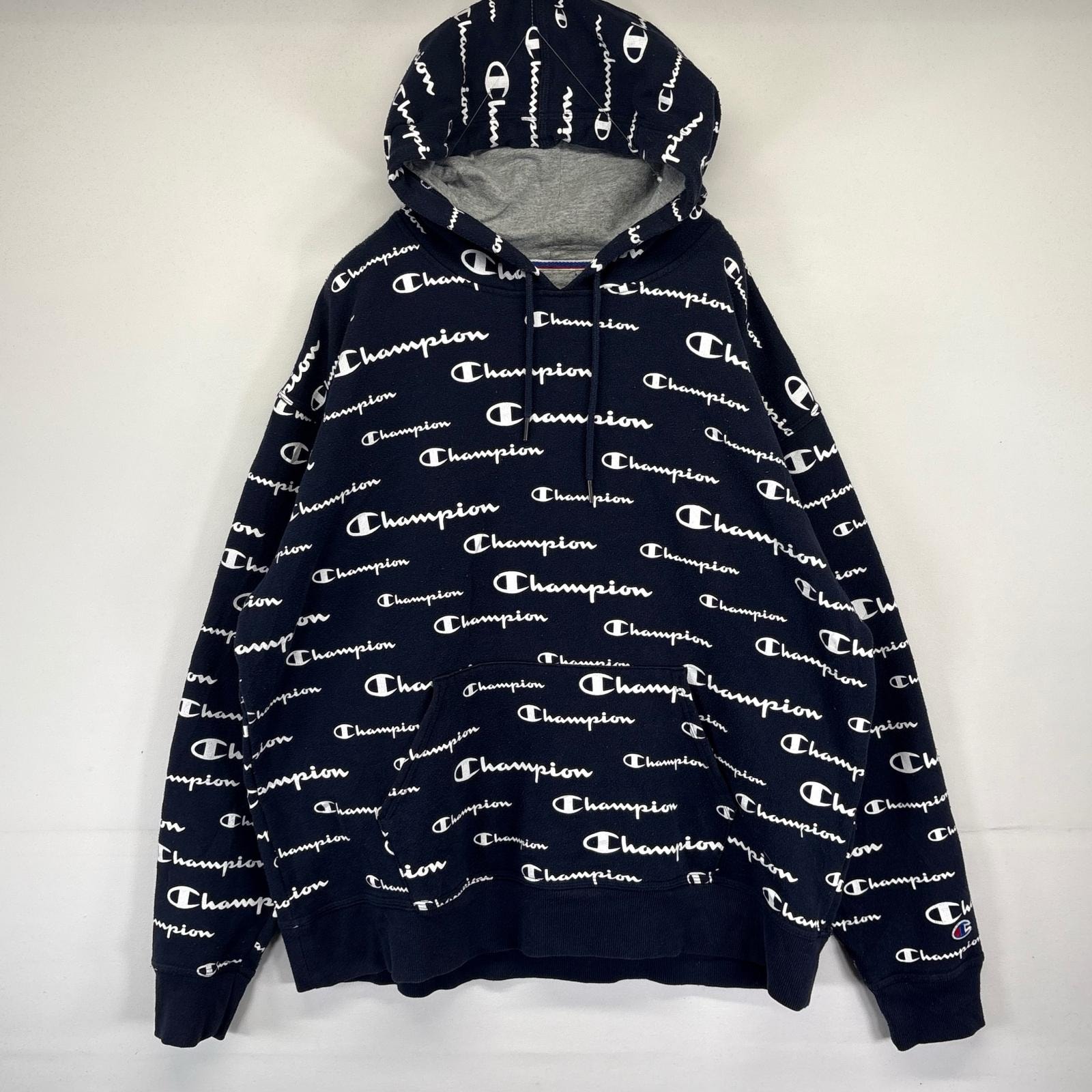 古着 チャンピオン Champion パーカー スウェット フーディ 総柄 プルオーバー 大きいサイズ XL ネイビー メンズ