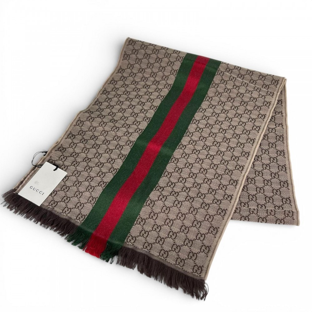 GUCCI グッチ マフラー シェリーライン PSAG900087  ウール  シルク  ブラウン 茶 レディース【中古品】