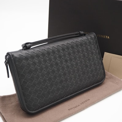 美品 BOTTEGAVENETA ボッテガヴェネタ イントレチャート トラベルケース 169730 長財布 グレー カーフレザー メンズ