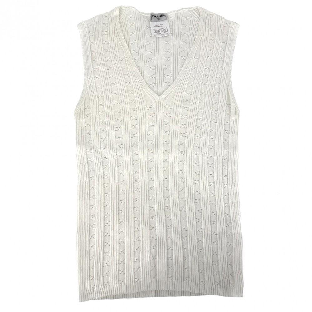 CHANEL シャネル タンクトップ ノースリーブ アパレル 服 トップス ストライプ レース 42 ホワイト 白 コットン レディース 夏 美品【中古品】