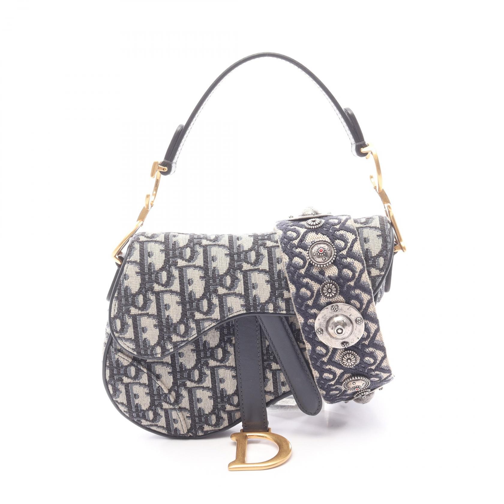 ディオール Dior サドルバッグ ミニ オブリークジャカード 2WAY ハンドバッグ バッグ キャンバス レザー レディース ベージュ系 / ネイビー系 【中古】