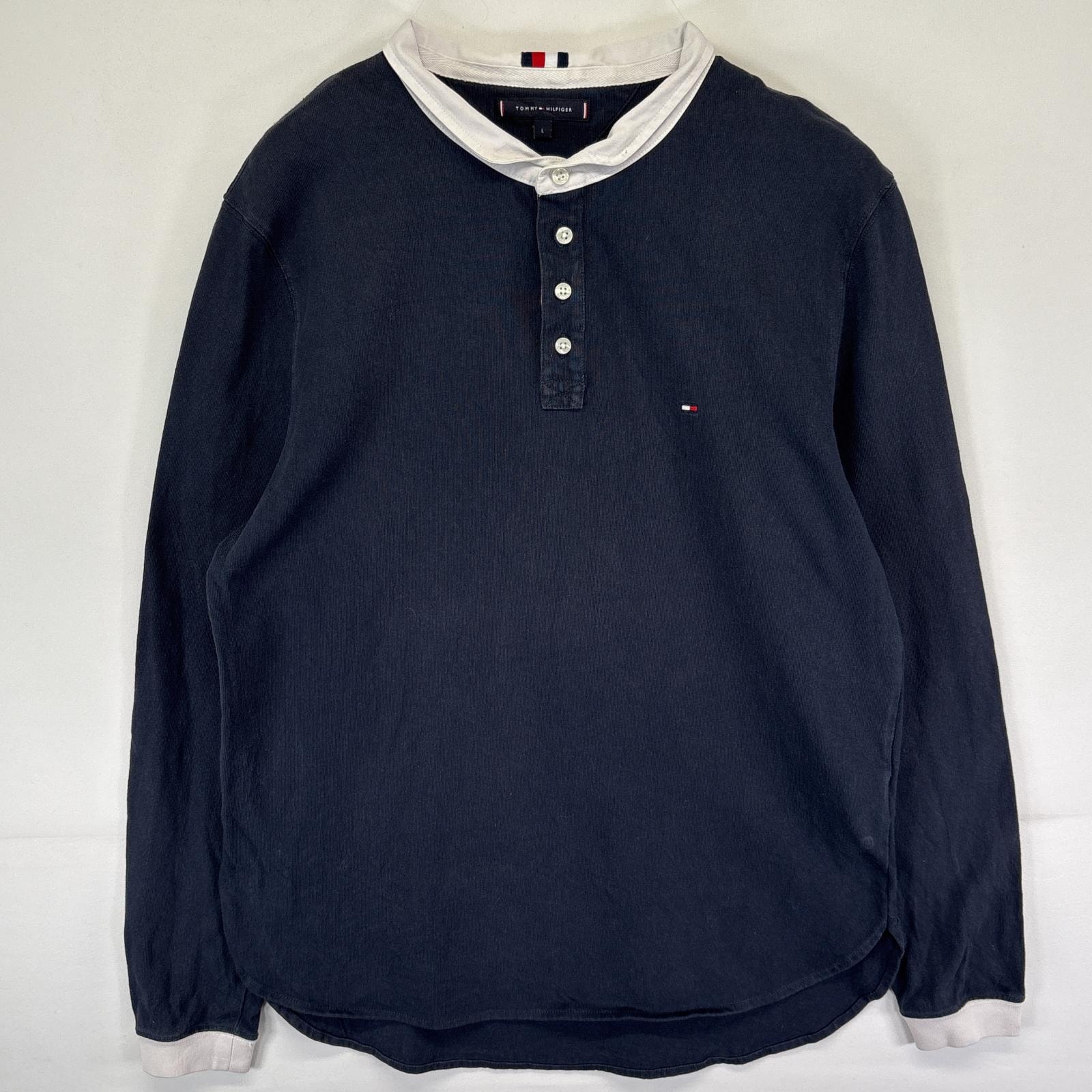 古着 トミーヒルフィガー TOMMY HILFIGER 長袖 ラガーシャツ ワンポイントロゴ バックビッグロゴ L  ネイビー メンズ