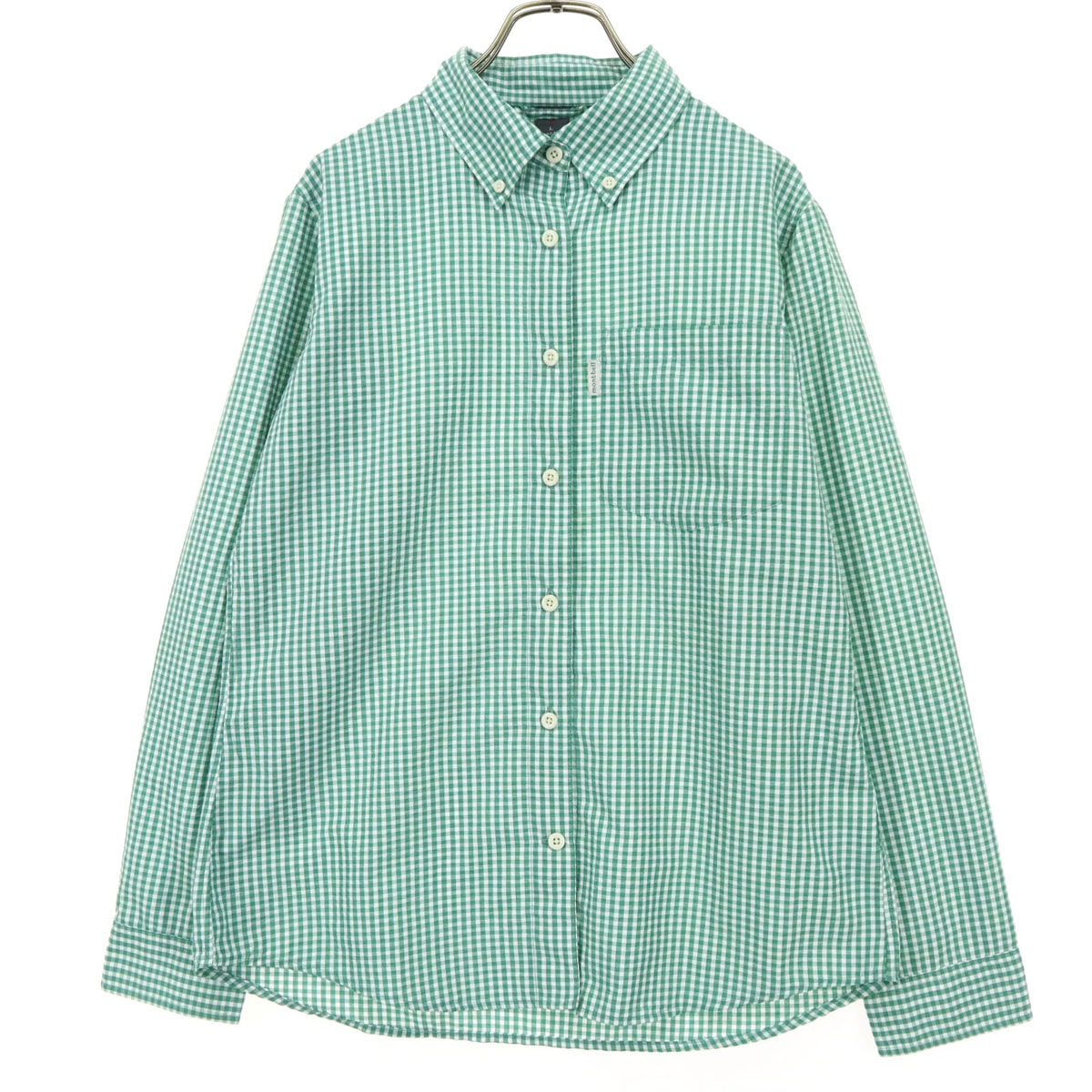 美品 mont-bell モンベル ギンガムチェック柄 長袖 ボタンダウンシャツ L グリーン