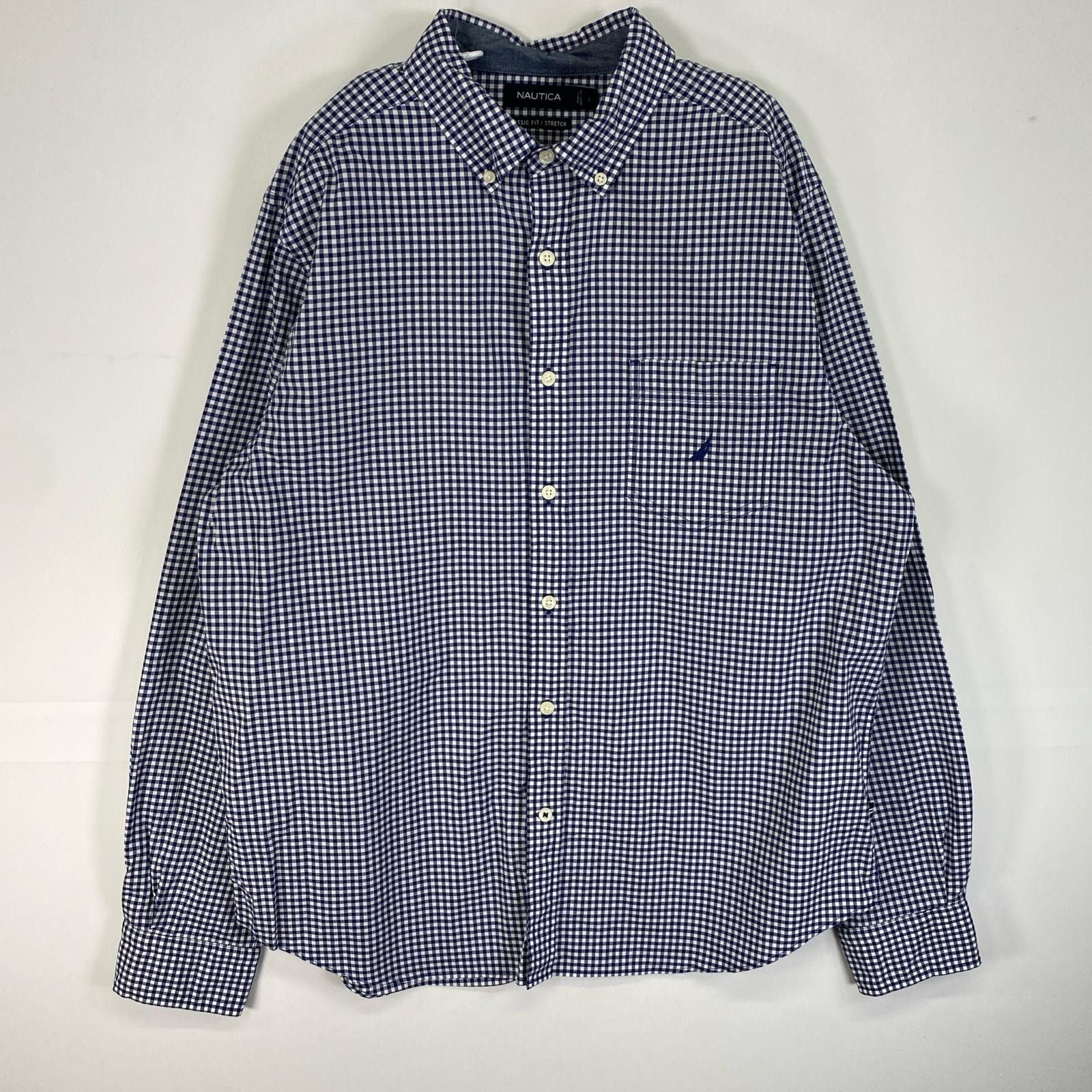 古着 ノーティカ NAUTICA 長袖シャツ ロゴ 刺繍 ボタンダウン L ネイビー系 チェック メンズ