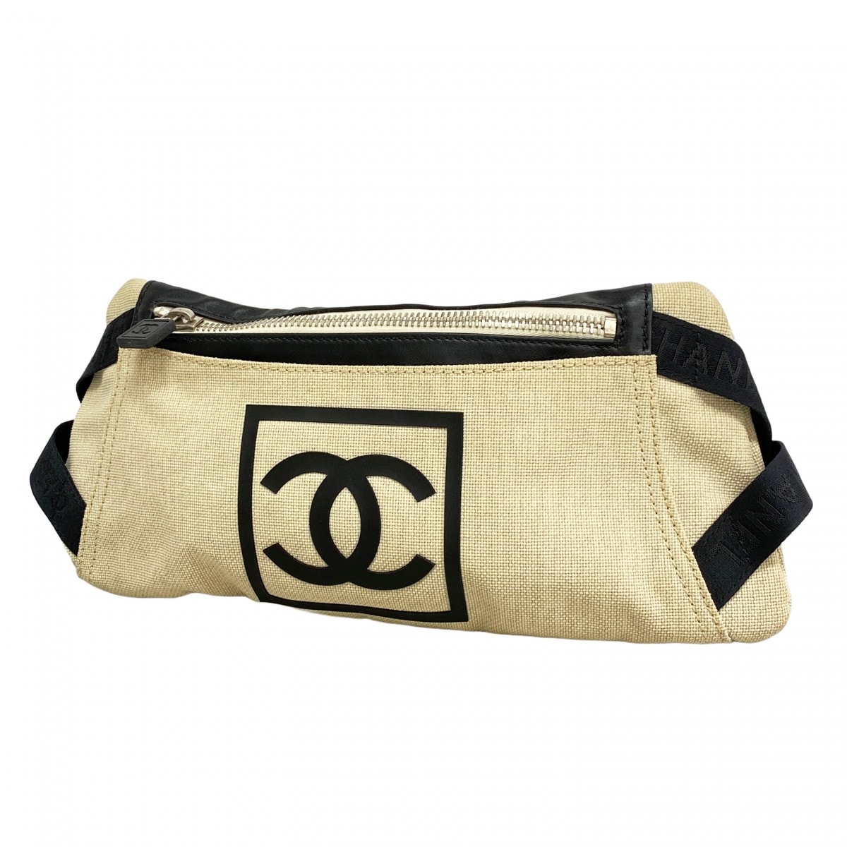 【6dc2916-k】シャネル ウエストバッグ スポーツ キャンバス アイボリー ブラック シルバー金具【中古】レディース