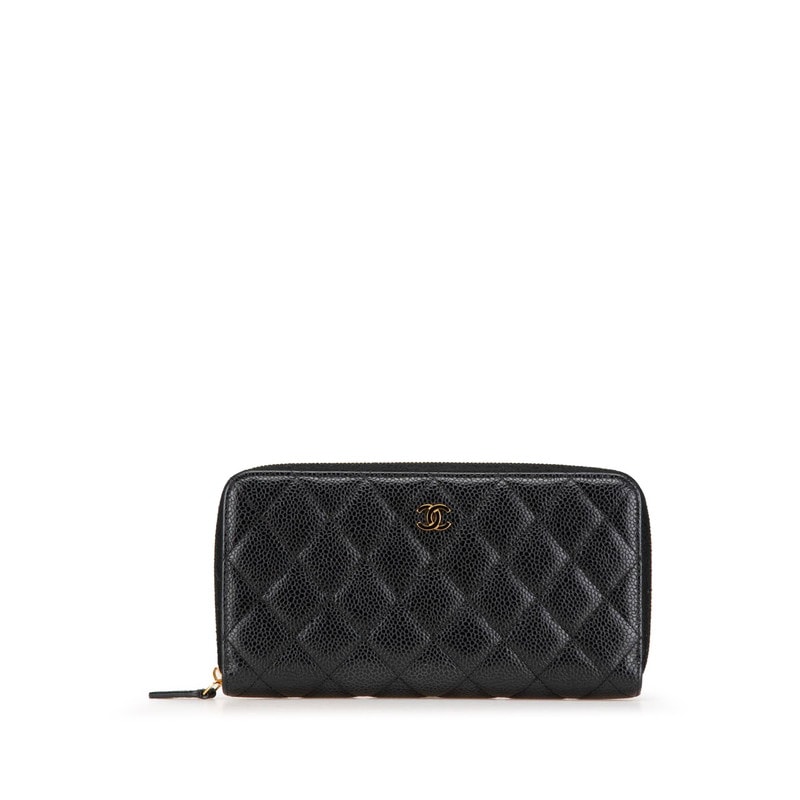 シャネル マトラッセ ココマーク ラウンドファスナー 長財布 ブラック キャビアスキン レディース CHANEL 【中古】