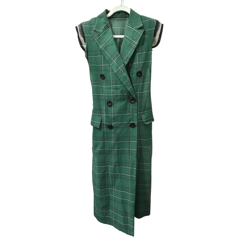 サカイ Sacai チェック柄 22-05986 アパレル ロングベスト ジレ ノースリーブ ワンピース コットン グリーン