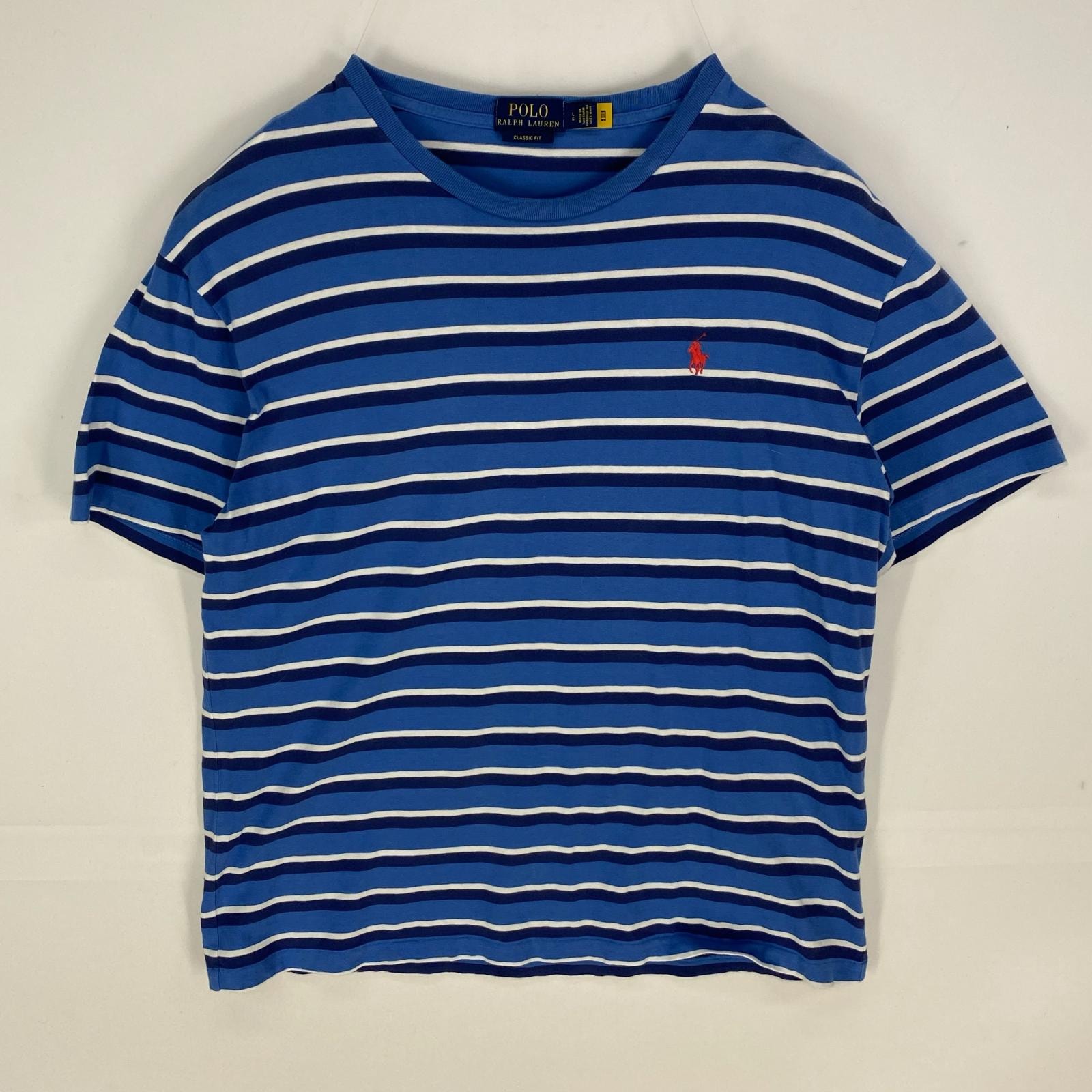 古着 ポロ・ラルフローレン POLO RALPH LAUREN 半袖Tシャツ ワンポイント刺繍 ロゴ クルーネック L  ブルー系 ボーダー メンズ