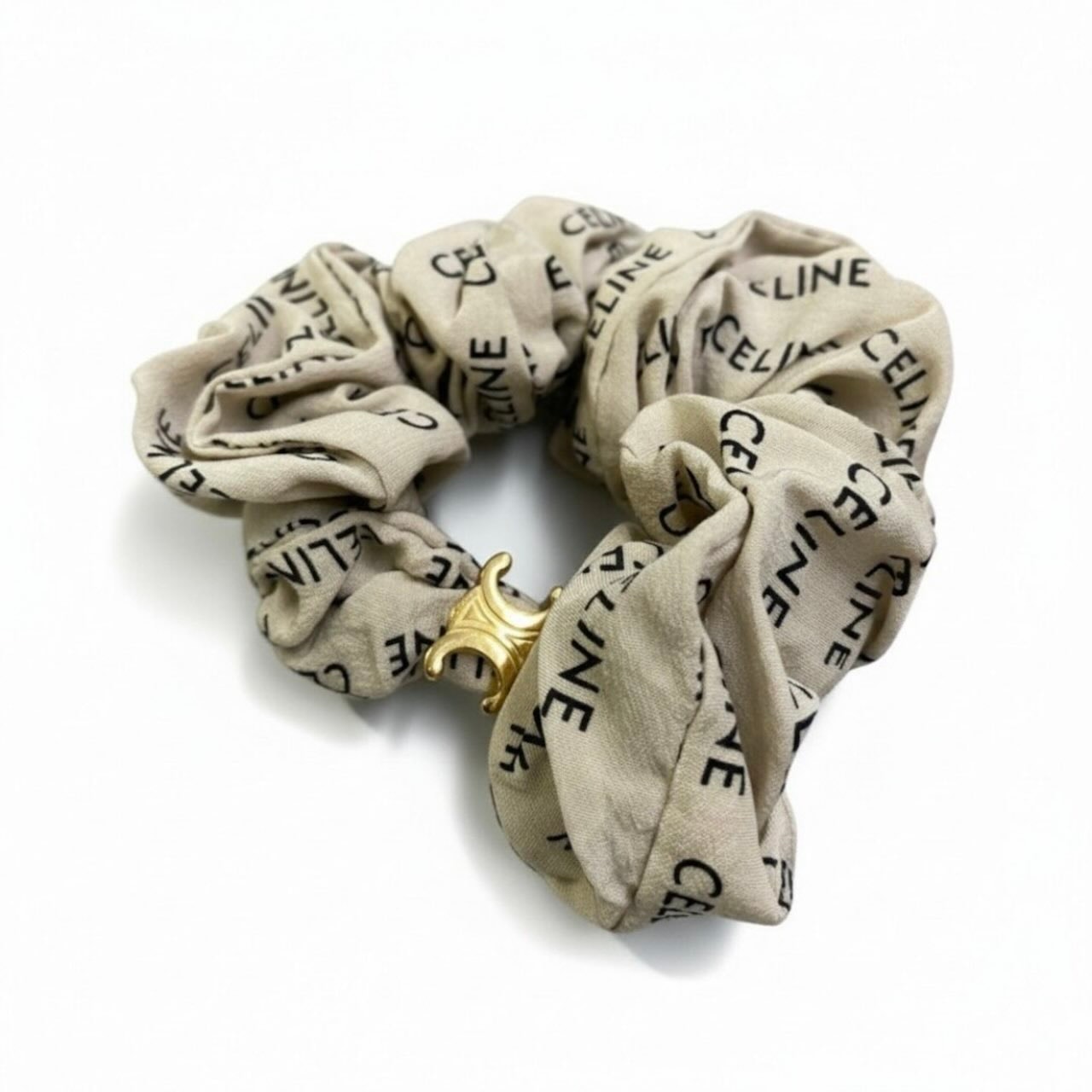 美品 CELINE セリーヌ トリオンフ シュシュ グリーン ゴールド金具 シルク ヘアアクセサリー A3-00065 【中古】