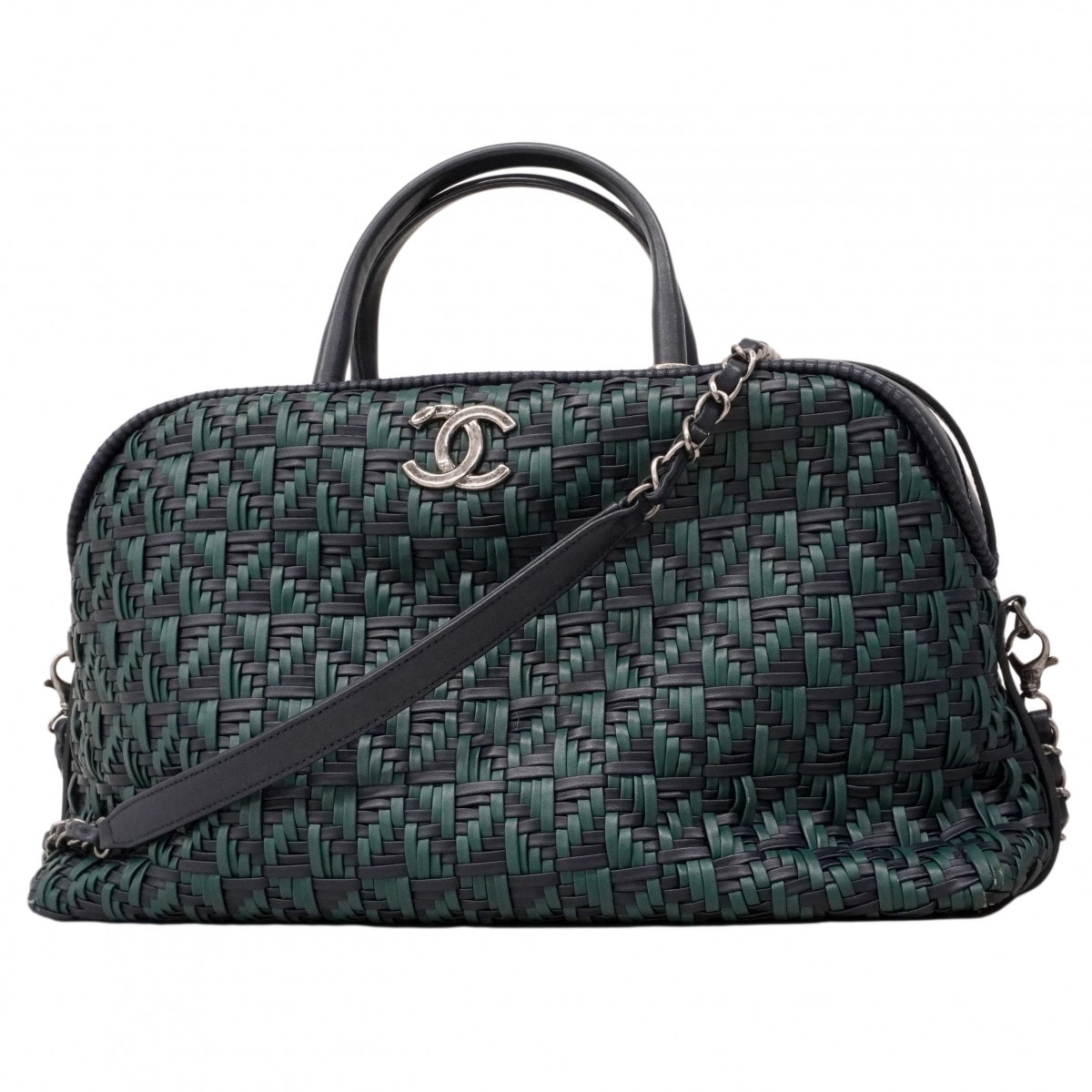 【6cd5436-k】シャネル ハンドバッグ チェーンショルダー ラムスキン ネイビー グリーン シルバー金具 2wayバッグ【中古】レディース