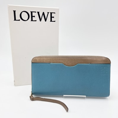 LOEWE(ロエベ)ラウンドファスナー 長財布 バイカラー ブルー ブラウン レザー ゴールド金具 メンズ レディース【中古】