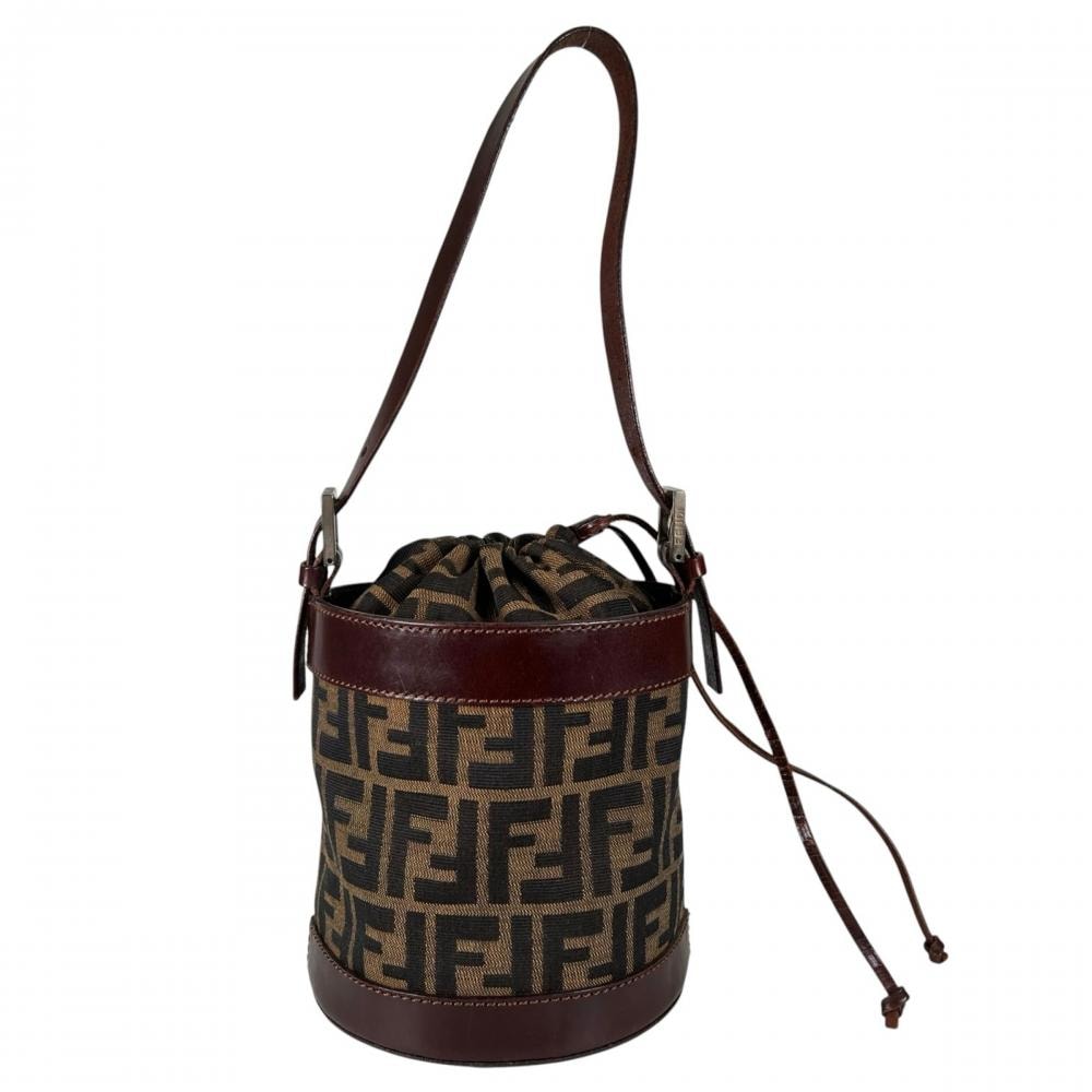 FENDI フェンディ ハンドバッグ ズッカ バケット 巾着型 16325 キャンバス  レザー   ブラウン 茶 シルバー金具 レディース【中古品】