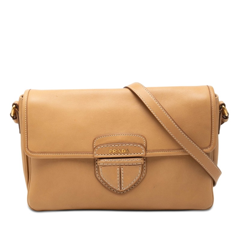 プラダ 三角ロゴプレート 斜め掛け ショルダーバッグ ベージュ系 レザー レディース PRADA 【中古】