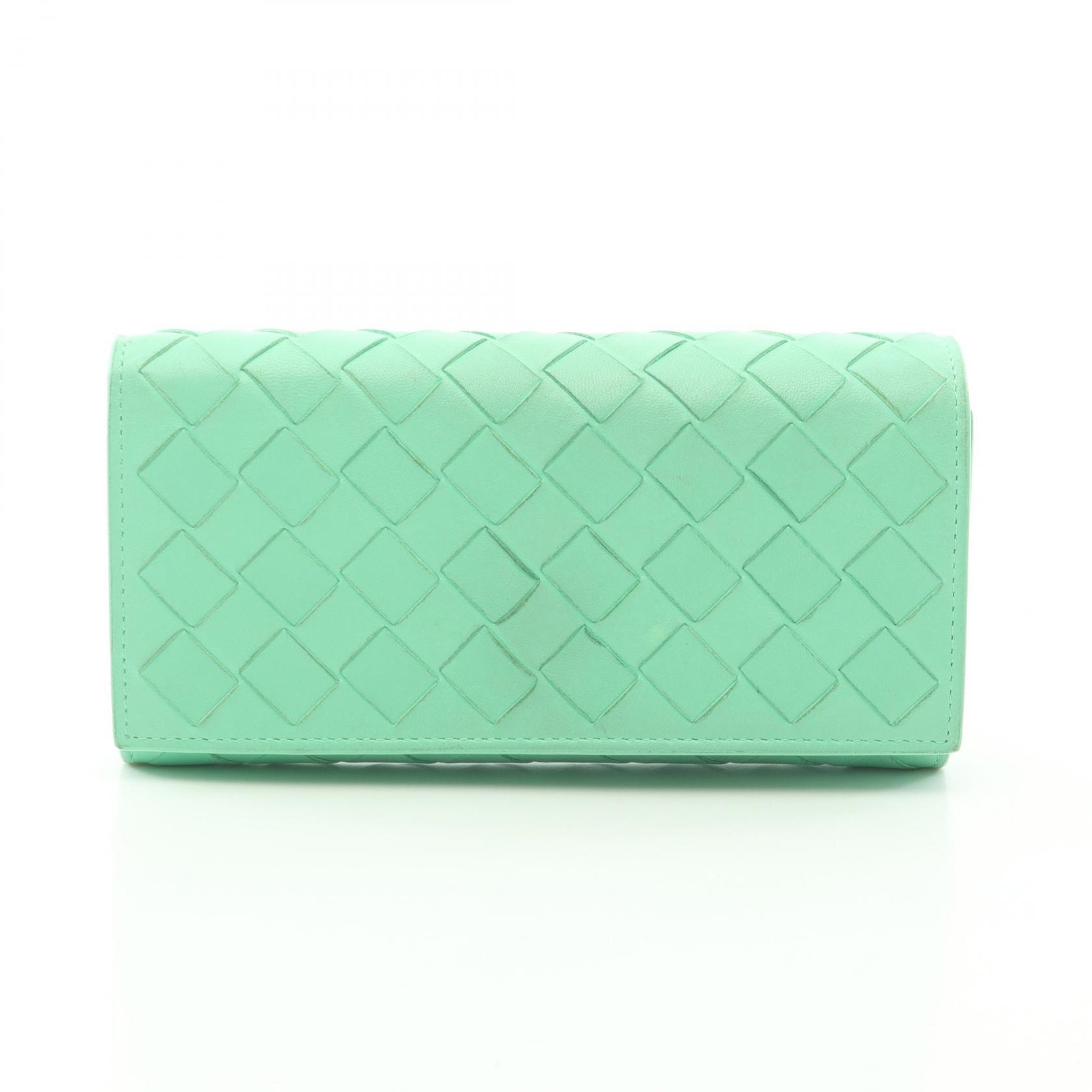 ボッテガヴェネタ BOTTEGA VENETA イントレチャート レザー フラップ 長財布 二つ折り長財布 財布 レザー メンズ レディース グリーン系 イントレチャート 【中古】