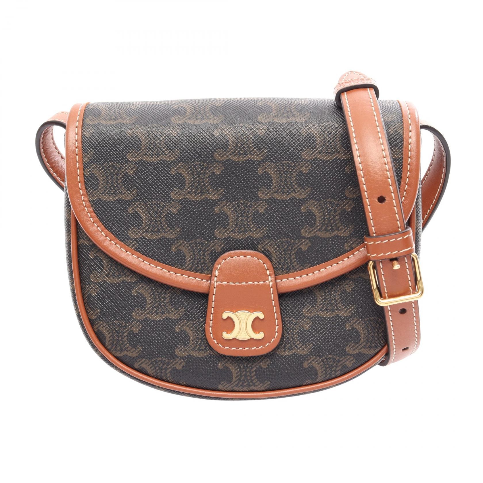 セリーヌ CELINE トリオンフ ミニブザス ショルダーバッグ バッグ PVCコーティングキャンバス レザー レディース ブラック系 / ブラウン系 196702BZJ 【中古】