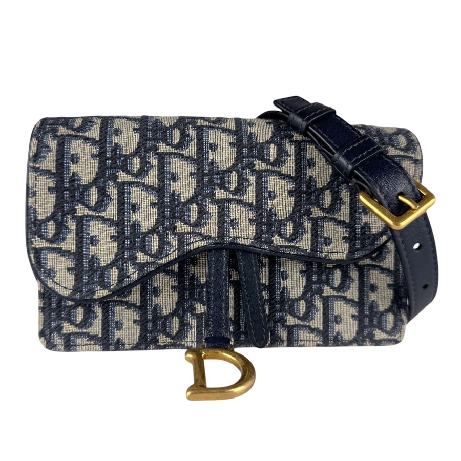クリスチャンディオール Christian Dior ボディバッグ ベルトバッグ サドル キャンバス/レザー ネイビー ゴールド レディース【中古】 z10674