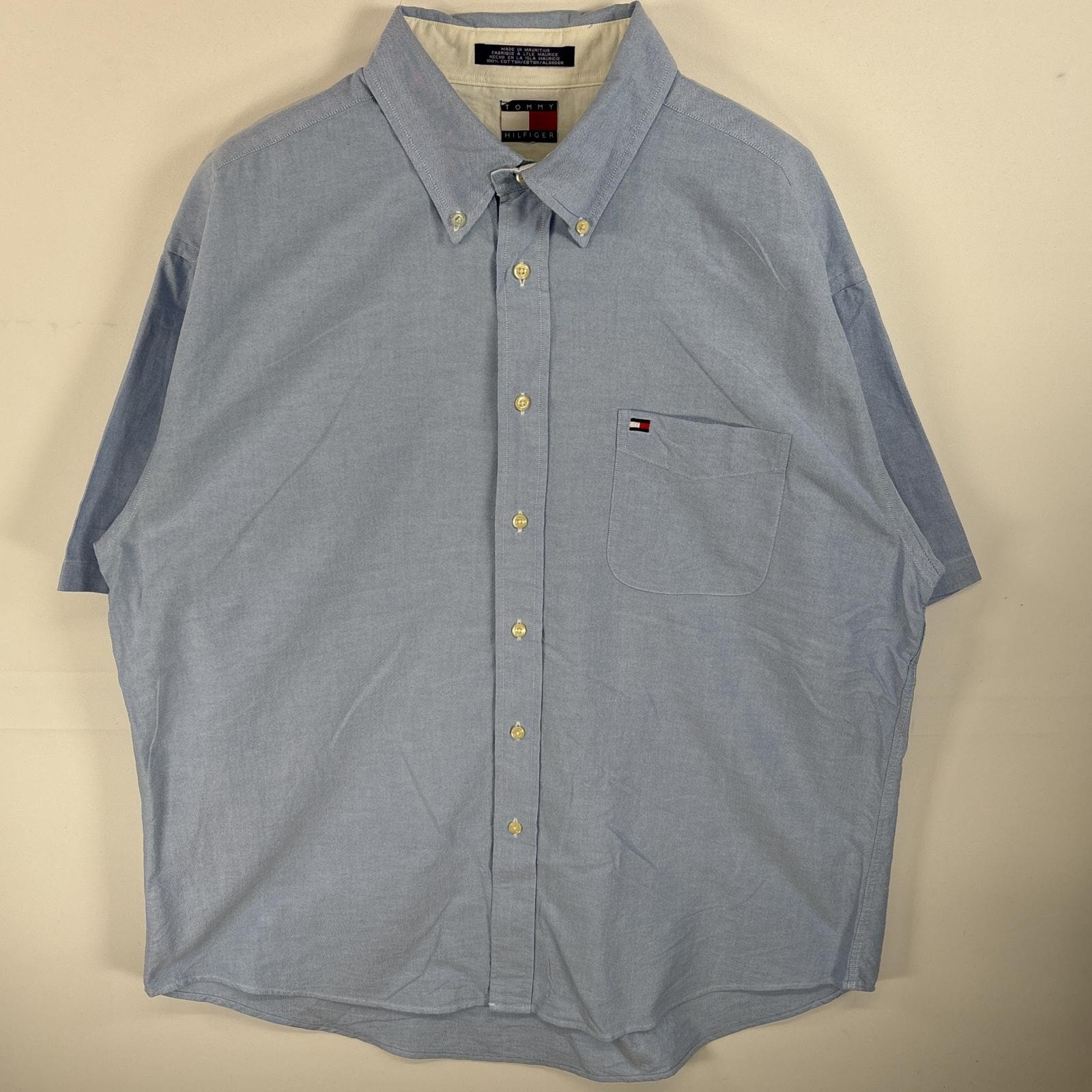 古着 90's/90年代 トミーヒルフィガー TOMMY HILFIGER 半袖シャツ ボタンダウンシャツ ワンポイント ロゴ 刺繍 胸ポケ 不明 サックスブルー 無地 メンズ