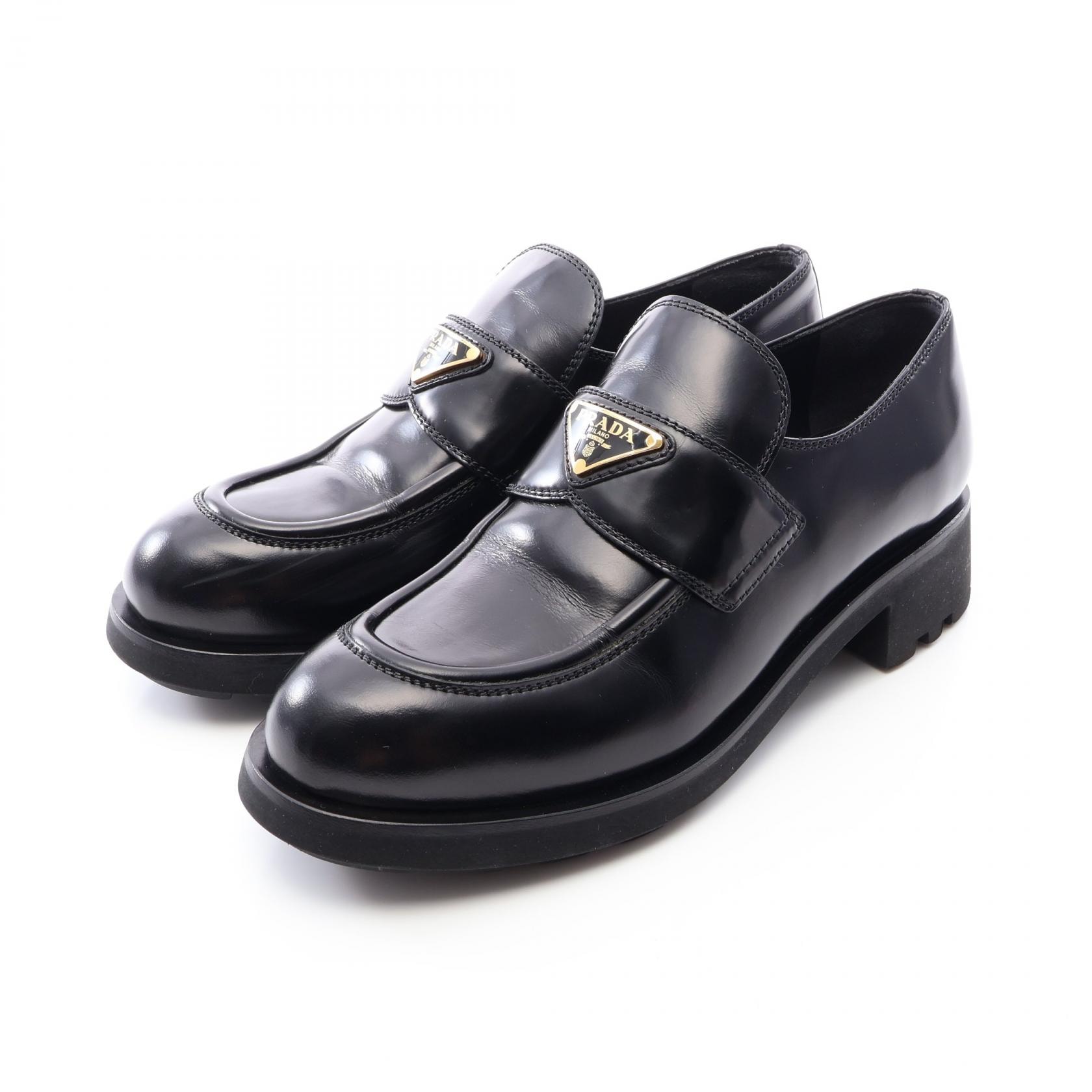 プラダ PRADA 三角プレート ローファー 靴 レザー レディース ブラック系 【中古】