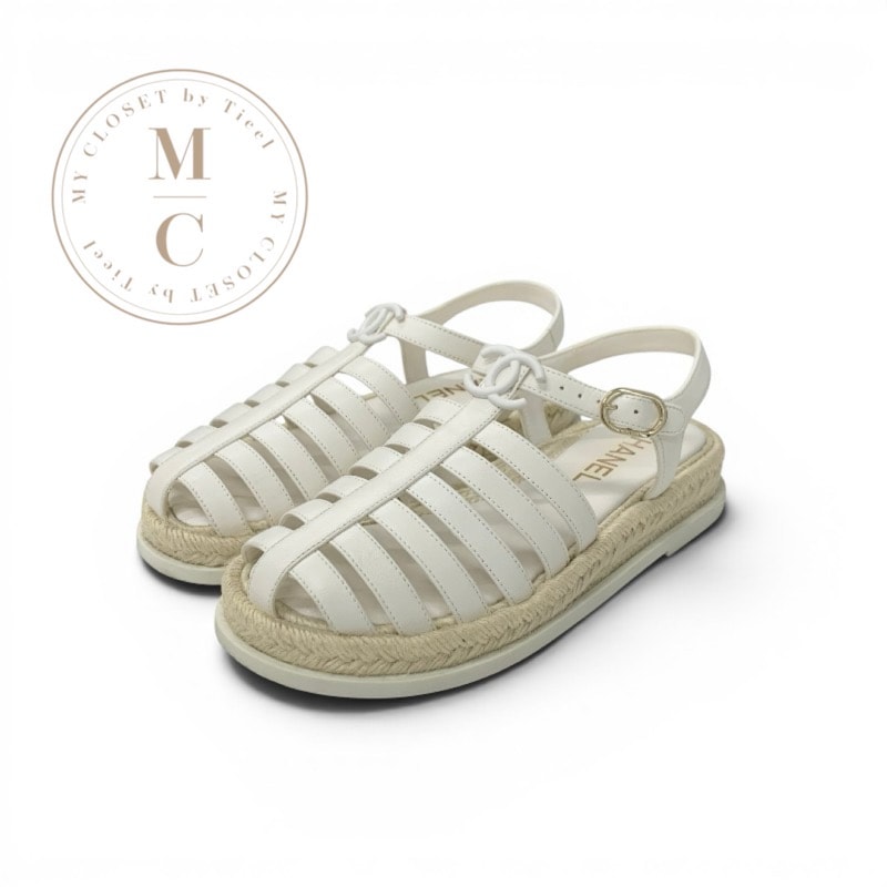 シャネル CHANEL サンダル 靴 シューズ レザー ホワイト 白 ココマーク グラディエーター エスパドリーユ