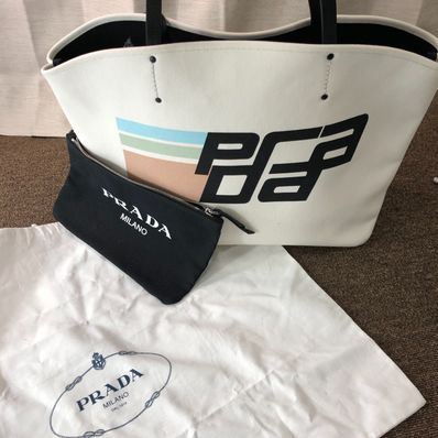 PRADA Canapa Print Canvas Tote Bag "White"