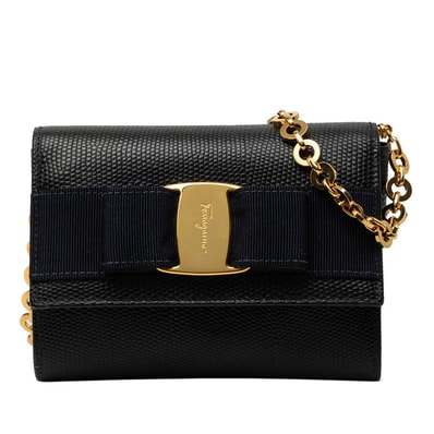 サルヴァトーレフェラガモ ヴァラ リボン ミニ チェーン ショルダーバッグ AQ-213202 ネイビー レザー レディース Salvatore Ferragamo 中古