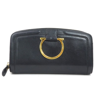 サルヴァトーレフェラガモ Salvatore Ferragamo ラウンドファスナー長財布 ガンチーニ レザー ブラック ゴールド レディース【中古】 e60721a
