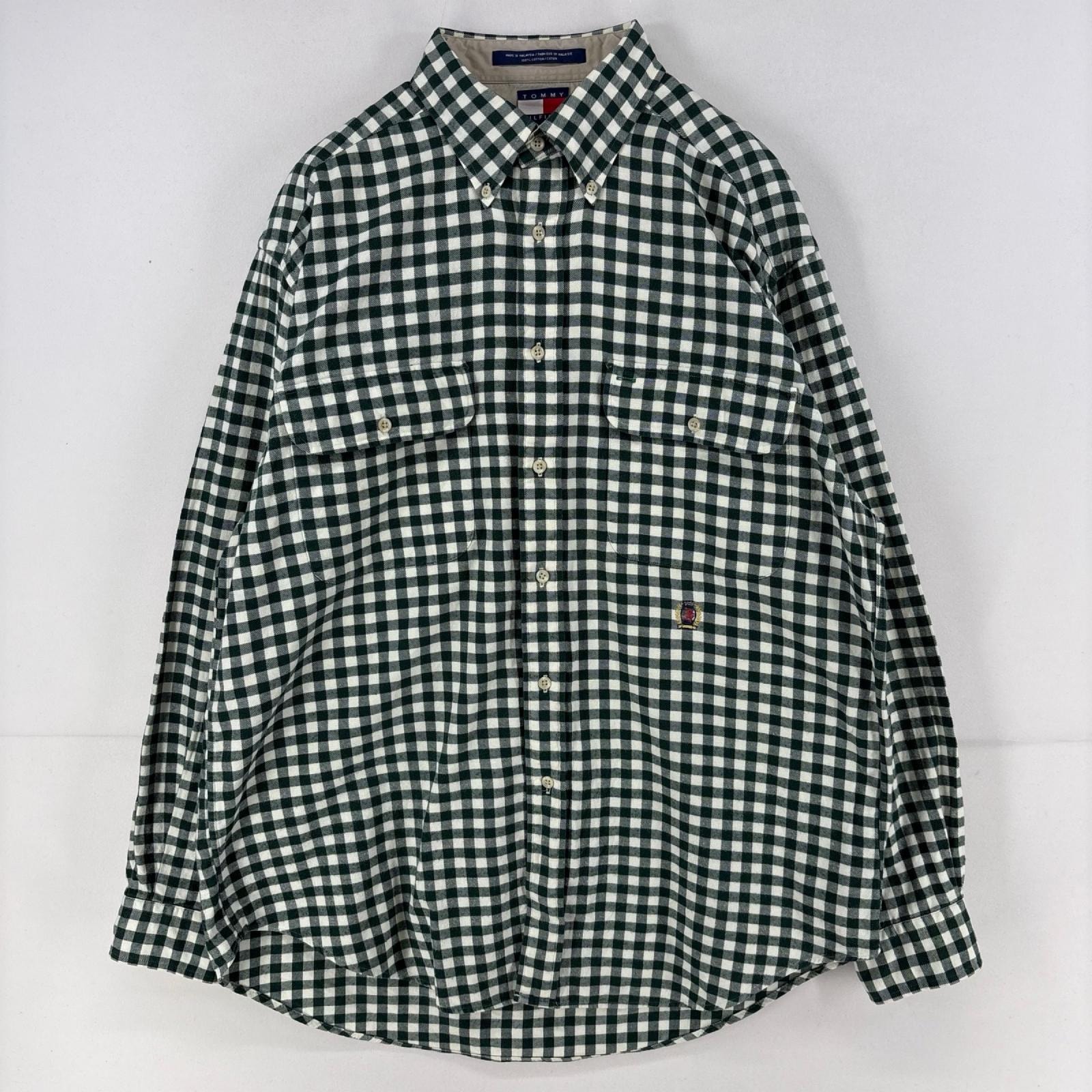 古着 トミーヒルフィガー TOMMY HILFIGER 長袖シャツ ロゴ 胸ポケット チェック柄 ネルシャツ M  グリーン系 メンズ