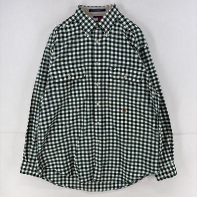 古着 トミーヒルフィガー TOMMY HILFIGER 長袖シャツ ロゴ 胸ポケット チェック柄 ネルシャツ M グリーン系 メンズ