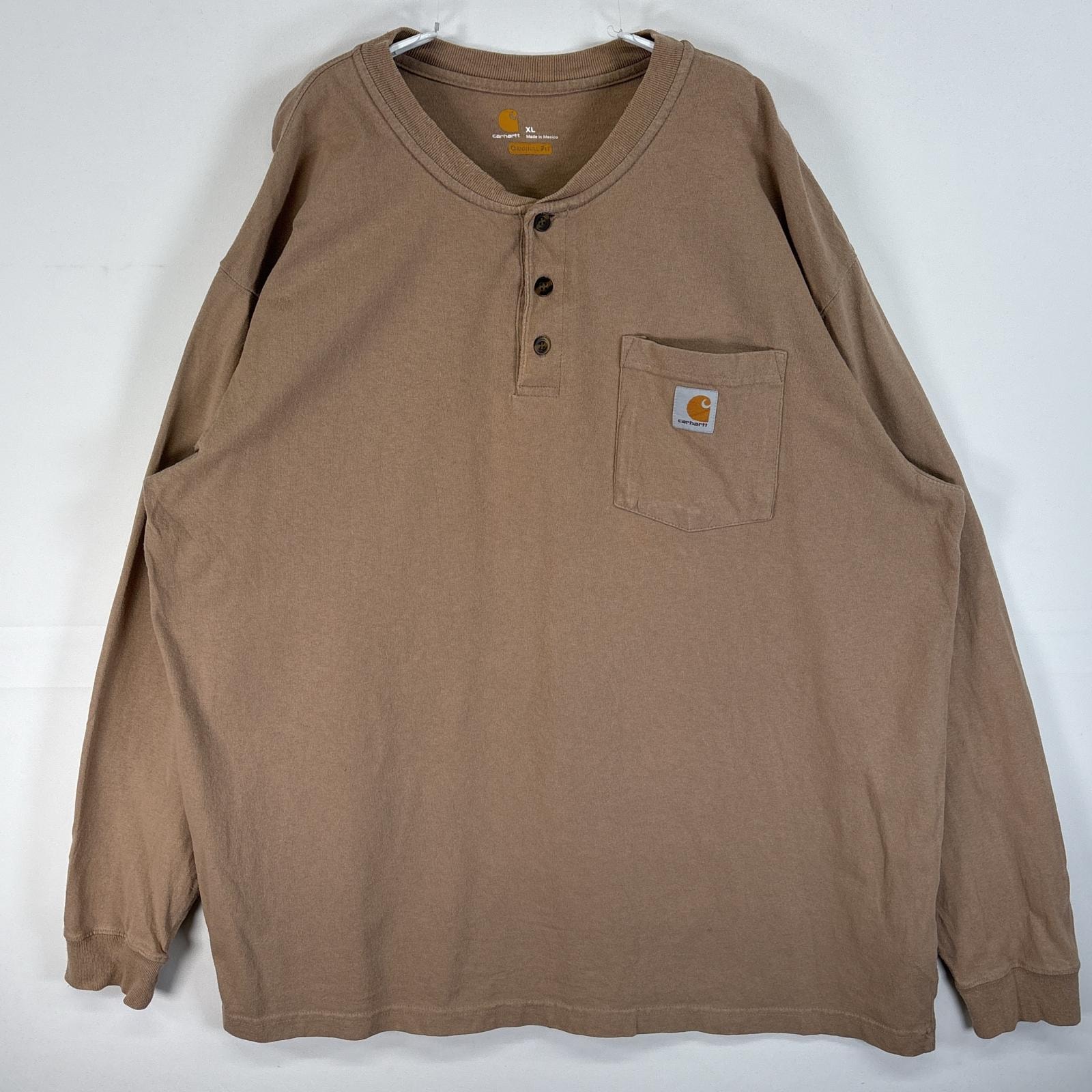 古着 カーハート Carhartt 長袖Tシャツ ワンポイント ロゴ ヘンリーネック 大きいサイズ 肉厚 XL  ベージュ 無地 メンズ