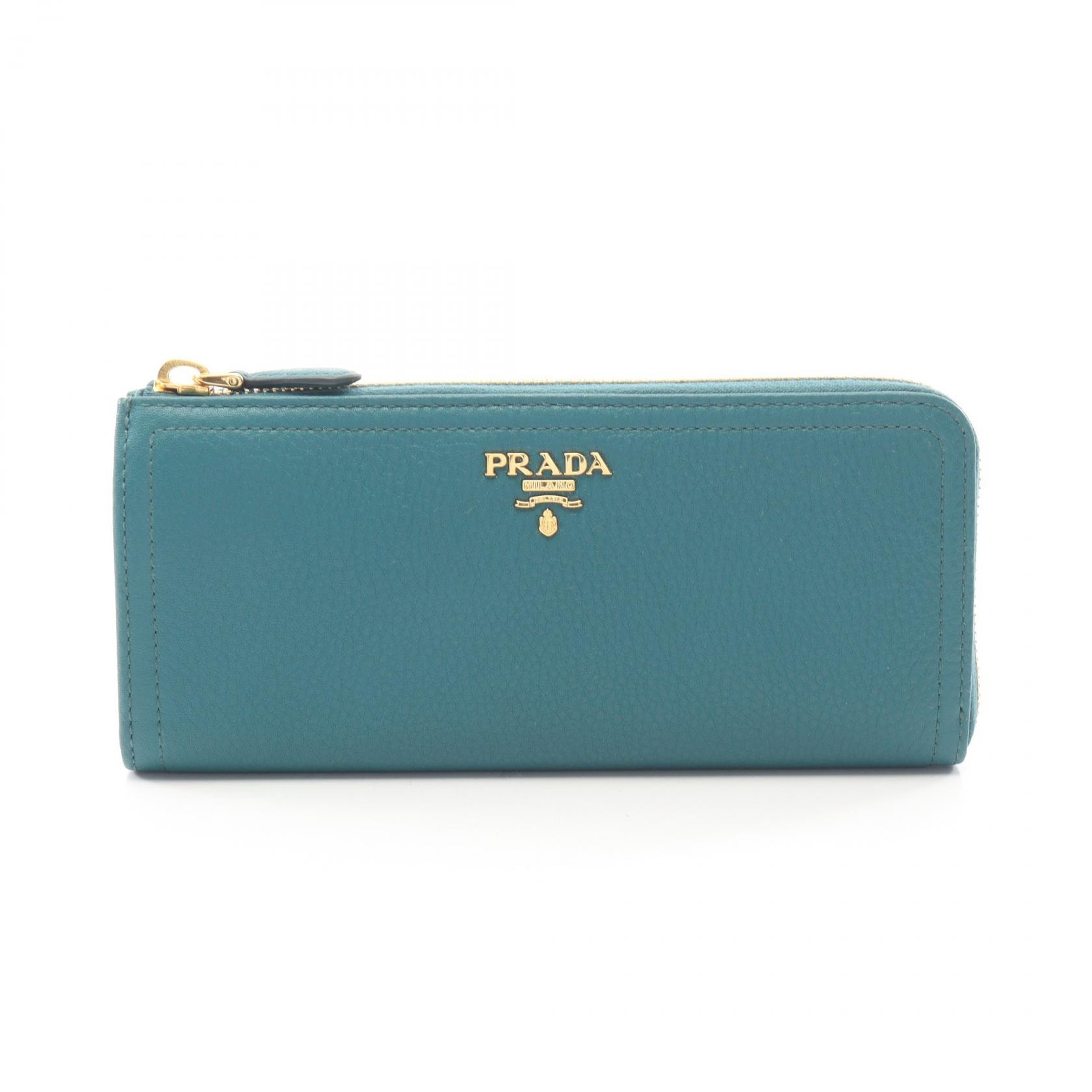 プラダ PRADA メタル ロゴ L型ZIP長財布 L型ファスナー長財布 財布 レザー レディース グリーン系 【中古】