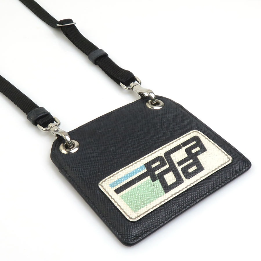 プラダ PRADA ネックストラップ カードケースホルダー レザー ブラック シルバー メンズ【中古】 e62043a
