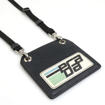 プラダ PRADA ネックストラップ カードケースホルダー レザー ブラック シルバー メンズ【中古】 e62043a